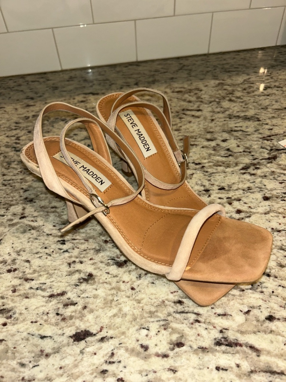 Steve Madden Beige Strappy Thin Block Heel Sandals